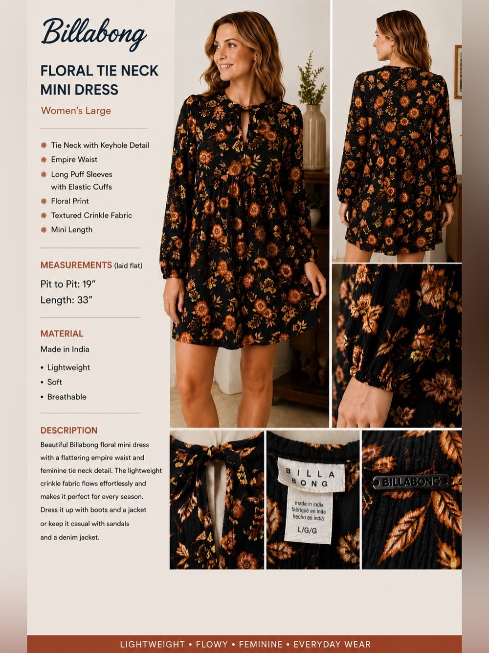 Billabong Floral Boho Mini Dress L Long Sleeve Tie Neck w/ keyhole Empire Waist